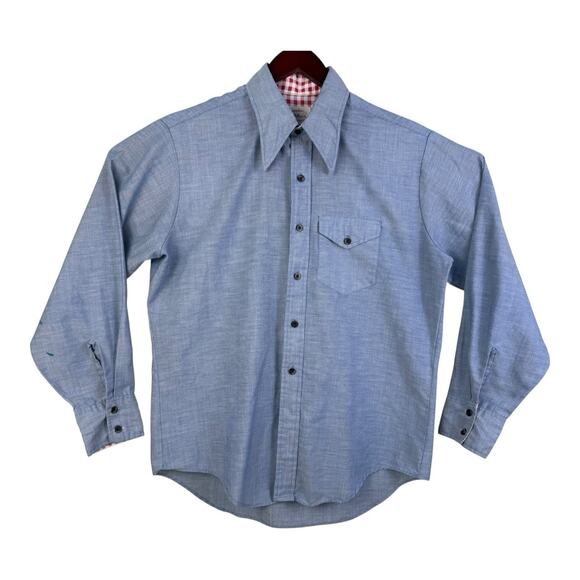 VINTAGE 70s Hall-Prest Large Button Dagger Collar Denim Color DRESS SHIRT Rare - Picture 2 of 14